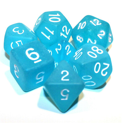 #ad 7 Piece Frosted Translucent Turquoise Polyhedral Dice Set w Turquoise Bag RPG $11.95