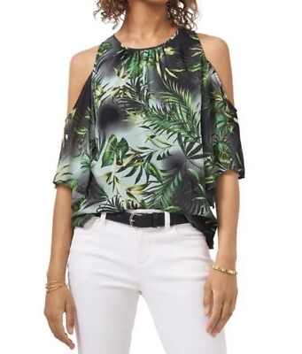 #ad NWT VINCE CAMUTO Tropical Palm Print Cold Shoulder Top Green Black Size S 5591 $24.40