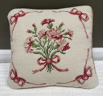 #ad Vintage Needlepoint Pillow Shabby Chic Cottage Bows Flowers Pink Green Cream $29.99