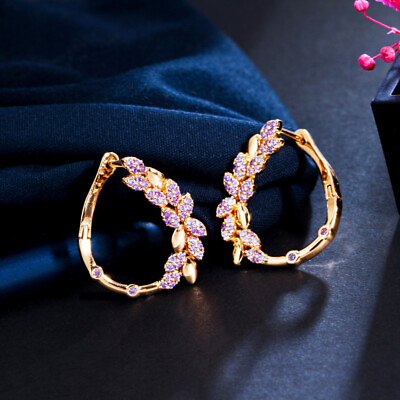 #ad Lovely Yellow Gold Purple Cubic Zirconia CZ Crystal Leaf Hoop Earrings for Women C $9.78