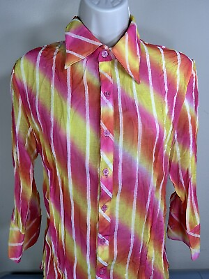 #ad Go Go Fashion USA Women Collar Shirt M Button Up Sheer Rainbow Multicolor Bright $25.10