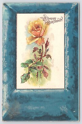#ad Birthday Lovely Yellow Rose w Dewdrop On Lower Petal Wide Blue Frame Emb 1909 PC $3.20
