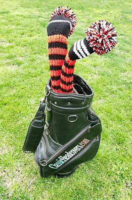 #ad *CLASSIC* Hand Knit Pom Pom Golf HEADCOVERS SET of 2 Great Golf Gift $30.00