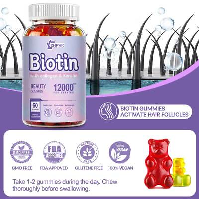 #ad Biotin Collagen Keratin Vitamin Hair Skin Nail Supplement Beauty Gummies 12000mg $12.99