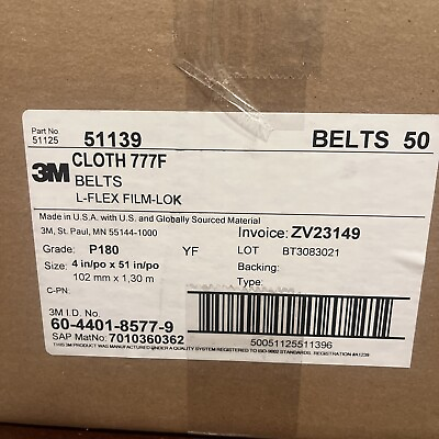 #ad 3M Cloth Belt 777F P180 YF weight 4 in x 51 in Film lok L flex 50 ea Case $600.00