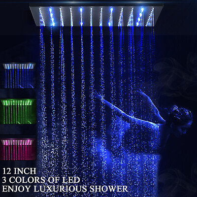 #ad 12“LED Shower Head Bathroom Ceiling Wall Mount Rainfall Shower Sprayer Tap Black $44.00