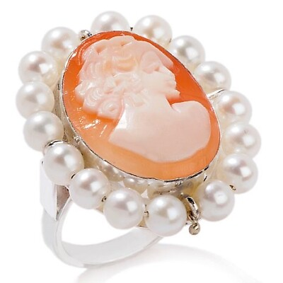 #ad HSN Italy Cameo Cornelian and Cultured Freshwater Pearl Sterling Frame Ring 10 $223.18