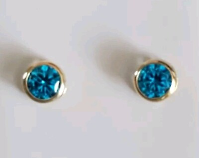 #ad Blue Topaz Lab Created Round Cut Bezel Stud Earrings 14kt Solid Yellow Gold $185.00