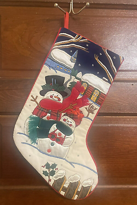 #ad Large Vintage Christmas Stocking 3D Winter Scene Church Snowmen Holly Yarn $32.00