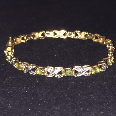 #ad Gold Plated over Sterling 925 Peridot Gemstone XO Vermeil Pave Tennis Bracelet $49.95