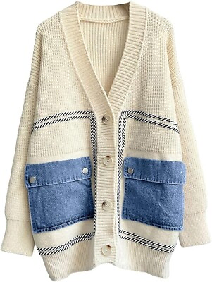 #ad #ad Women#x27;s Spliced Denim Pockets Knit Cardigan Button Down Slouchy Stripe Sweater $32.99