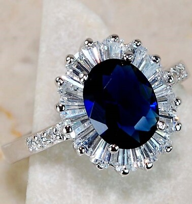 #ad 2CT Blue Sapphire amp; White Topaz 925 Sterling Silver Ring Sz 8 UB3 3 $35.99