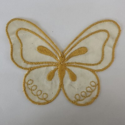 #ad Butterfly Patch Large Yellow White Sew On Embroidered Vintage 5 11 16” x 4 1 4” $16.61