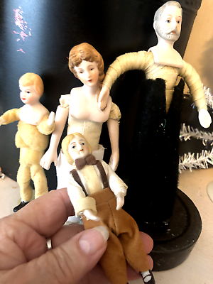 #ad LOT of 4 Vtg 4 6quot; China BISQUE Victorian FAMILY DOLLS MUSLIN BODY Painted Faces $43.12