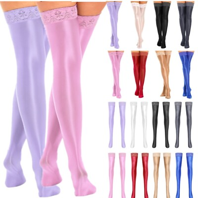 #ad US Women Shiny Thigh High Stockings Lace Sheer Footed Tights Stay Up Pantyhose $9.39