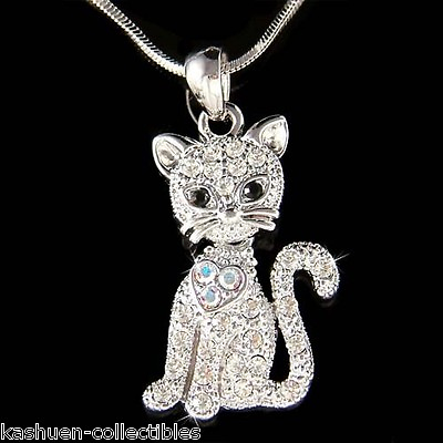 #ad Kitty Cat Kitten movable made with Swarovski Crystal Charm Necklace Jewelry New $43.00
