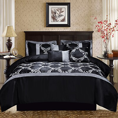 #ad HIG 7 Pieces Comforter Set Taffeta Fabric Embroidered Bed In A Bag Queen King $72.99