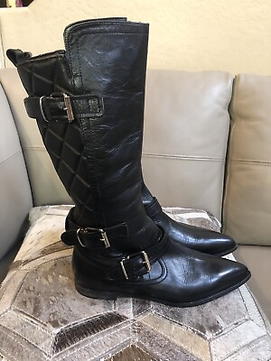 #ad BURBERRY Black Knee High Quilted Leather Moto Boots Rare Women’s Size 39.5 US9.5 $289.00