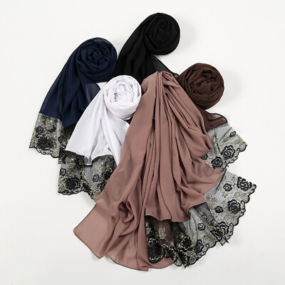 #ad Lace Hijab Women Chiffon Long Scarf Muslim Turban Islamic Wrap Shawl Headscarf $11.01