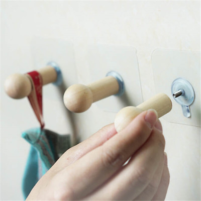 #ad Self Adhesive Clothes Hooks No Drills Wooden Wall Mounted Key Hook Towel Hang yu C $1.90