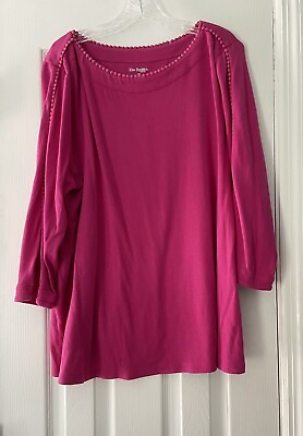 #ad Kim Rogers Curvy Women’s Size 1X Fuchsia Soft Stretchy Crochet Detail Top Shirt $16.00
