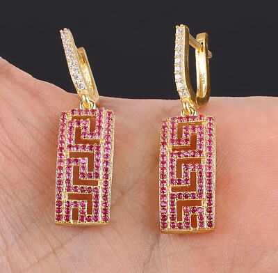 #ad RECTANGLE SIMULATED RUBY GOLD COLORED OVER .925 STERLING SILVER EARRINGS #45128 $26.00