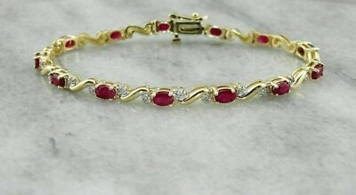 #ad Ruby and Diamond 14K Yellow Gold S Link Tennis Bracelet Plated Silver 7.5quot; $178.99
