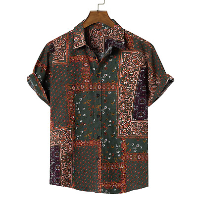 #ad New Men Paisley Shirt Short Sleeve Lightweight Vintage Floral Printed Shirt Thin $23.83