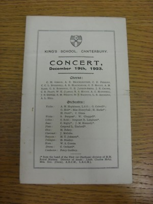 #ad 19 12 1923 Concert Programme: Kings School Orchestra At Kings School Canterbur GBP 3.99