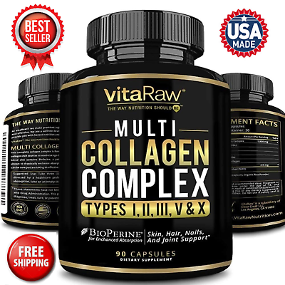 #ad Collagen Peptides Pills 1800mg Hydrolyzed Collagen Capsules Types IIIIIIVX $11.99
