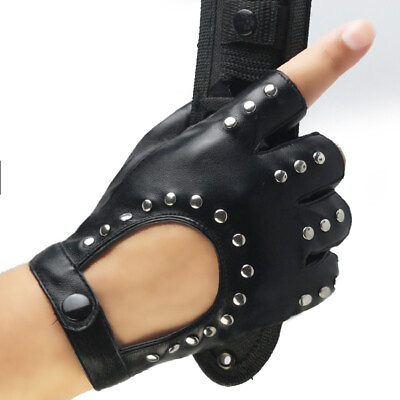 #ad Men Fingerless Glove Faux Leather Rivet Half Finger Punk Performance Costume $11.57