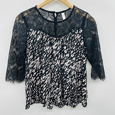 #ad Xhilaration Womens Medium Lace Yoke 3 4 Sleeve Animal Print Blouse Black 1359 $16.99