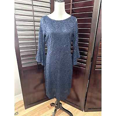 #ad Tiana B. Blue Lace Sequin Midi Dress Sheer Sleves Lined 10P Cocktail $29.99