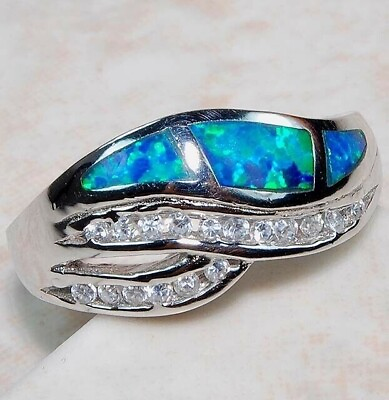 #ad Australian Opal Inlay amp; White Topaz 925 Solid Sterling Silver Ring Sz 8 RO1 $29.99