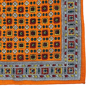 #ad Lightweight Hand Printed Vintage Wool Scarf 20” Square Orange Floral JAPAN $17.99