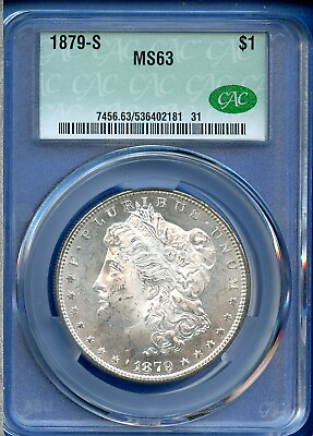 #ad 1879 S CACG MS63 Morgan Silver Dollar $1 US 1879 S MS 63 CAC Looks Cameo PL $134.95