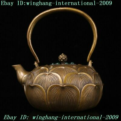 #ad 7quot;Marked Old China dynasty Bronze Inlay gem lotus statue teapot flagon wine pot $194.99