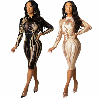 #ad Shiny Sequins Mesh Perspective Mock Neck Long Sleeves Bodycon Club Dress Women $24.63