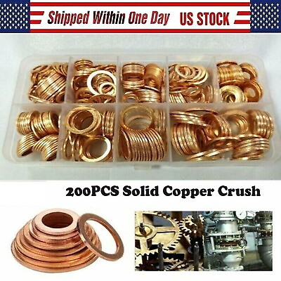 #ad 200 PCS Solid Copper Crush Washer Gasket Set Flat O Ring Seal Assortment Kits $8.99