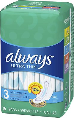 #ad Always Ultra Thin Pads Size 3 Extra Long Super Pads With Flexi Wings 28 Count $10.99