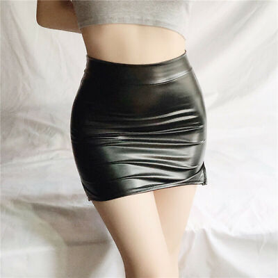 #ad Womens Sexy PU Leather Slit Mini Skirt High Waist Tight Stretch Wet Look Skirts $7.99