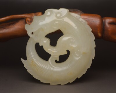 #ad Collection Chinese Natural Hetian Jade Carved Dragon Fish Statue Pendant Jewelry $209.99