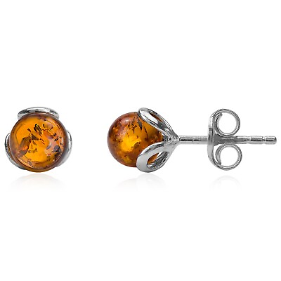 #ad 925 Solid Pure Sterling Silver Honey Baltic Amber Designer Flower Stud Earrings $11.99