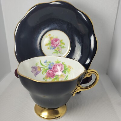 #ad Black and Floral Bouquet with Gold Pedestal Foley Tea Cup and Saucer Set C $32.31