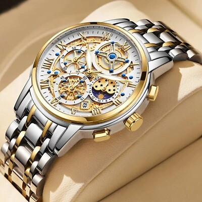 #ad #ad Men#x27;s Luxury Chronograph Watch Full Steel Waterproof Skeleton Quartz Wristwatch $46.99