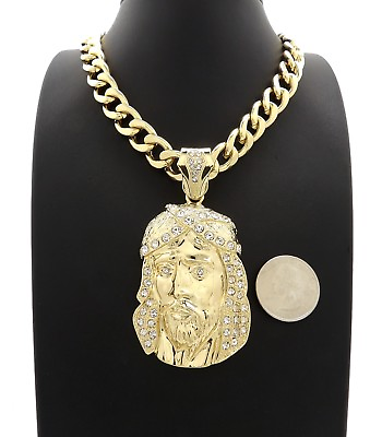 #ad Mens Hip Hop Iced Jesus Piece Pendant 20quot; 11mm Cuban Chain Gold Plated* $27.99