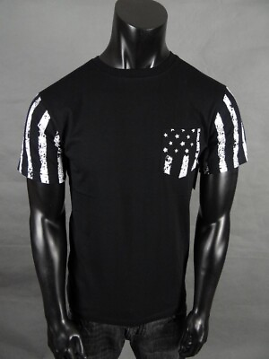 #ad Mens Black With Faded White Stars and Stripes Pocket Short Sleeve T Shirt $16.49