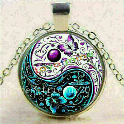 #ad Ying Yang Butterfly Cabochon Glass Tibet Silver Chain Pendant Necklace $8.99