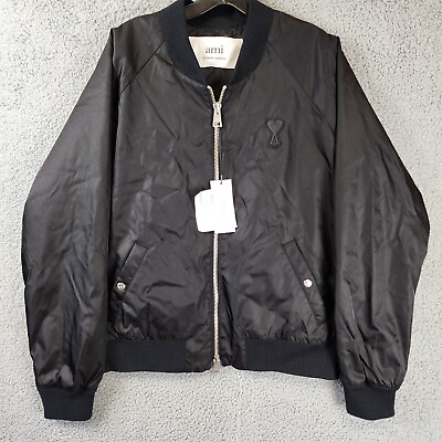 #ad AMI Alexandre Mattiussi Regular Fit Zipped Bomber Jacket Men#x27;s L Noir Ribbed $366.61
