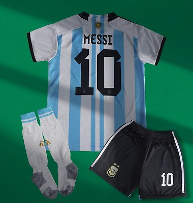 #ad Argentina Kids Home Soccer Jersey #10 Messi Shorts amp; Socks Kit Set Youth Sizes $34.99